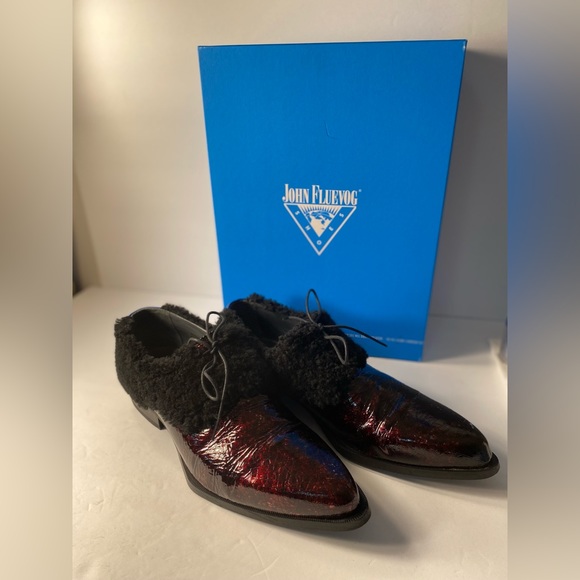 John fluevog Oxford patent leather shearling fur burgundy...